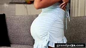 Kinky old dude teaches exotic stepgranddaughter casting couch mentality on sofa with petite pussy fucking