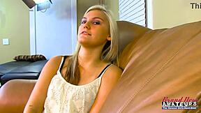 Blonde hotties Bailey and Olyssia start by sucking each other's pussies in lesbian action. Then they ride a cock with double blowjob until facial cumshot.