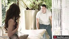 Hey, petite Nelya teases neighbor by flashing small tits then gets fucked doggystyle with deepthroat