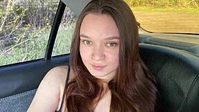 The young brunette girlfriend with pierced nipples flashes outdoors and begs her daddy figure for a quick facial cumshot in their taboo homemade encounter