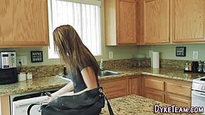 Straight Latina teen babe licks and scissors in kitchen with petite fingering masturbation for high definition orgasm.