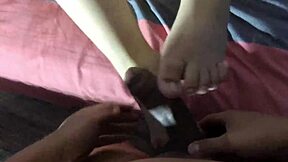 chubby bbw wife bound in homemade bdsm gives footjob until cum covers feet as moisturizer