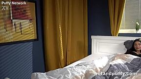 brunette teen with long hair starts slow sensual play, using dildo for close up masturbation on her wet puffy pussy.