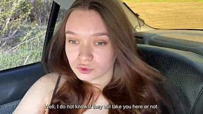 The young brunette girlfriend with pierced nipples flashes outdoors and begs her daddy figure for a quick facial cumshot in their taboo homemade encounter