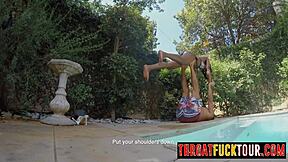 Sexy African babe with big ass and tits stretches her body before intense deepthroat blowjob and ebony fucking session.