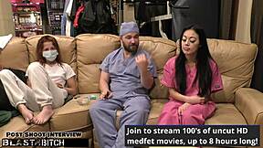 Become a nurse like Blaire Celeste and get blasted with jizz in this behind-the-scenes hospital scene with deepthroat, gloves, and shaved pussy action