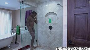 Naughty stepdaughter spies on stepdad in shower cleaning his huge dick before ethnic oral encounter.