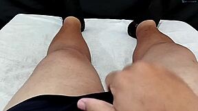 Girlfriend masturbates tight smooth pussy exciting him to cum