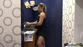 Blonde Brazilian teen in lingerie gets fucked by big cock while her skinny small tits wife watches in cuckold taboo.