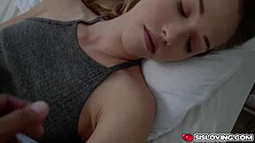 Stepbrother chokes and deepthroats his blonde stepsister on the sofa with big cock gagging in college bedroom.