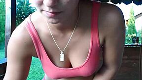 teen strips outdoor showing camel toe in ripped clothes with toes exposed