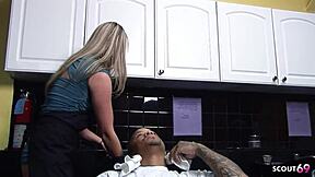 The fit blonde nympho hairdresser with small tits spotted the big black guy client at work. She seduced him for first-time rough fucking with deepthroat and cowgirl riding.