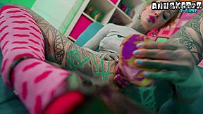 Skinny tattooed goth girl uses dildos for solo anal play in doggystyle