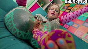 Skinny tattooed goth girl uses dildos for solo anal play in doggystyle