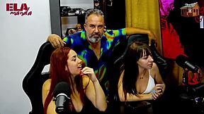 big ass brazilian gih spanic positions redhead on podcast table hinting at outdoor kissing and toys