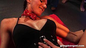 Two teen 18+s dressed in devil cosplay enjoy hardcore gangbang with blowbang and bukkake cumshots