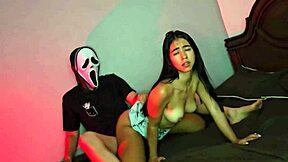 Hey, it's trick or treat time on Halloween with my hot stepsister in that cool ghostface costume