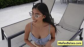 petite brunette teen sona bella deepthroats jmac's fat cock and swallows cum by outdoor pool