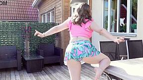 chubby milf arya grander tries on two swimsuits showcasing her big ass and natural tits with curvy body.