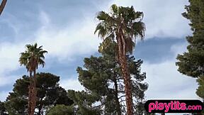 Why resist this petite ebony beauty with big boobs flaunting her chocolaty nude body in the pool?