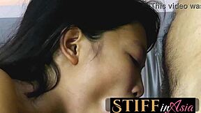 shy thai teen with hairy pussy experiences first time interracial casting with big cock blowjob and missionary sex.