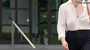 Submissive business woman gets blindfolded and exposed in a public outdoor flashing scene