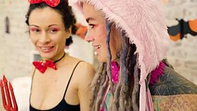 hey, check out anuskatzz and stacy bloom going wild with atm lesbian licking and big dildo in halloween play 😈🍑