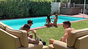 In a luxurious mansion pool, Megan Fiore and Dolly Dyson endured brutal punishment from three enormous cocks