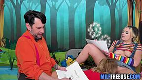 Blonde Milf and Teen 18+ Engage in Deepthroat Blowjob and FFM Group Fucking on Sesame Street Movie Set