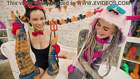 hey, check out anuskatzz and stacy bloom going wild with atm lesbian licking and big dildo in halloween play 😈🍑