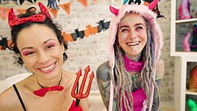 hey, check out anuskatzz and stacy bloom going wild with atm lesbian licking and big dildo in halloween play 😈🍑