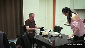 Teen fingers herself then gives blowjob and fucks stepdad in kitchen roleplay.