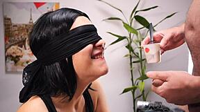 Whoa, this blindfolded goth girl plays a wild taste game that turns into sloppy blowjob and cum in mouth deception with xsanyany! 😏🍆