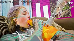 Petite tattooed slut in fishnets and high heels spreads juicy asshole for solo anal dildo fucking and gaping