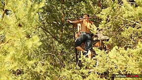 Hey, watch this hot brunette take a rough dicking deep in her tight pussy out in the forest?