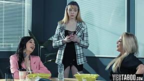 big tits milf contrasts with petite teen secretary in office for face sitting and muff diving lesbian sex