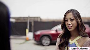 asian cheerleader and scottish brunette share subtle classroom moments with shaved pussy licking