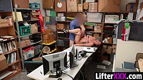 The officer catches Shane Blair shoplifting and drags her to the LP office for hardcore punishment. She strips, rides cowgirl, and takes doggystyle pounding until orgasm.