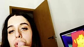 teen teases with blowjob before taking big cock cumshot in mouth, swallowing creamy milk load with wet facial finish