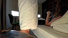 Oh man, this incredibly hot horny girl in black stockings and leather dress teases that cock without letting him orgasm just for her fun