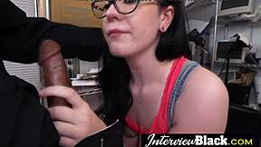 white girl sucks interracial cock with glasses on during casting interview