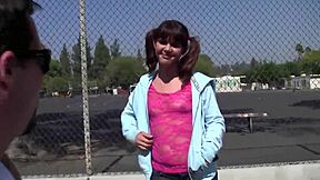 Oh, this brunette teen with small tits and shaved pussy loves motorcycles and ends up with a facial cumshot.