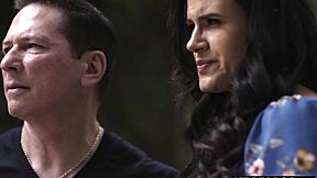 Busty milf and husband punish petite teen neighbor with double penetration. They bend her over for big cock assfucking and pussy pounding in hardcore threesome.