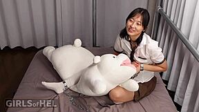 look at this chained up cutie using dildo and vibrator to make her shaved pussy cum hard