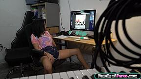 What's your hand doing in there, stepsis? I got caught masturbating and now my not brother is deepthroating me with his big cock.