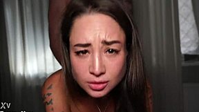 Intense pounding session unfolds with fresh neighbor involving deepthroat blowjob, doggystyle bent over, cowgirl riding, missionary position. Cumshot lands in mouth after squirting orgasm.