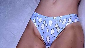 Stepsister teases with panties after cumshot. She begs for entry into her tight young pussy eagerly.