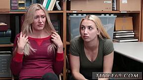 Cop gags petite teen blonde in uniform with milf mommy choking hardcore