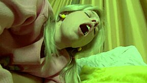 Can you handle fucking the shaved pussy of this blonde teen in fishnets and lingerie on the bed?