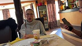 Brunette girl next door with braces flashes natural tits and teases in outdoor car stripping. European exhibitionist shows feet and piercing in kitchen.